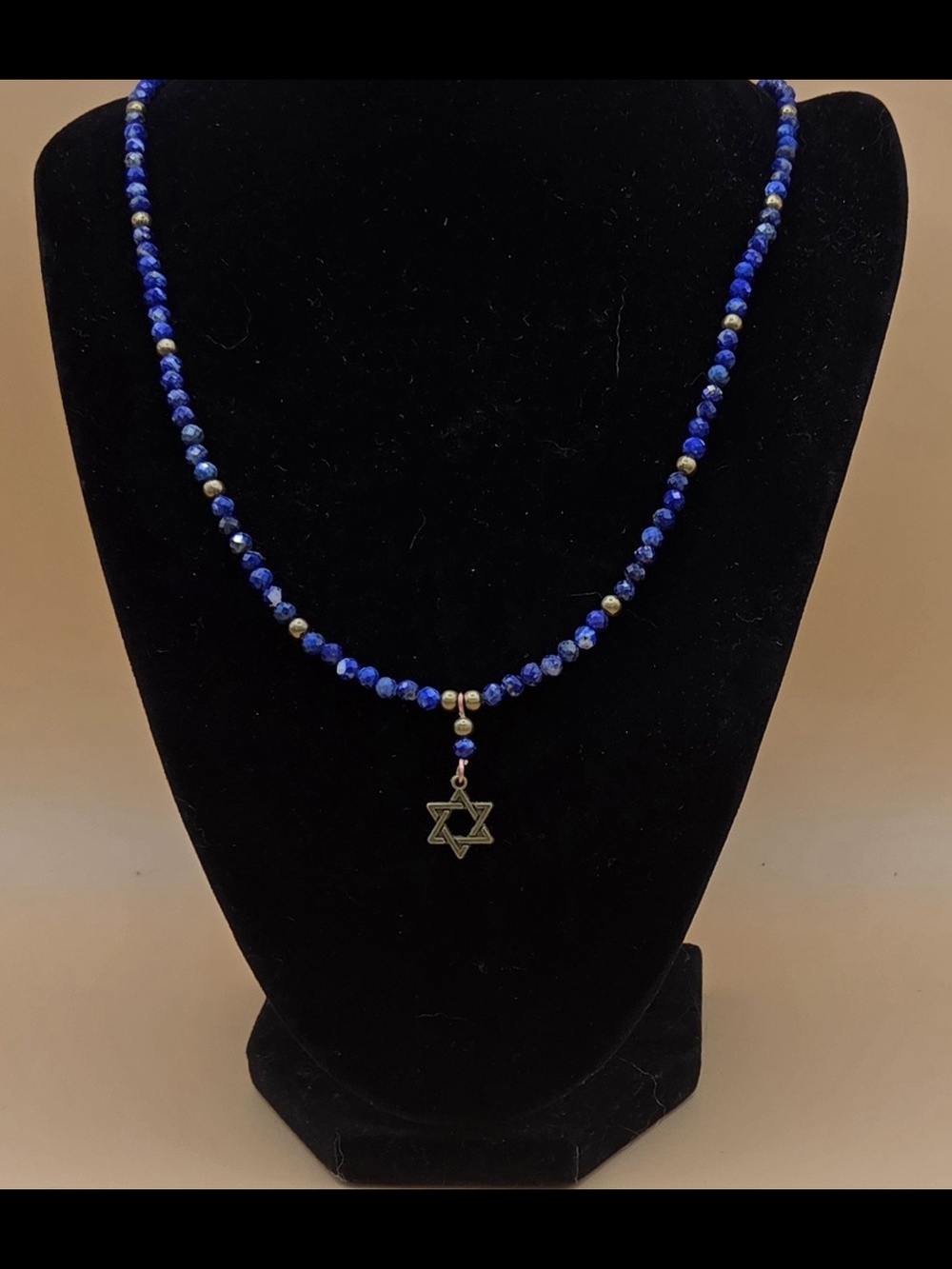 Faceted Lapis Lazuli and Bronze Beaded Necklace With Star Of David Pendant